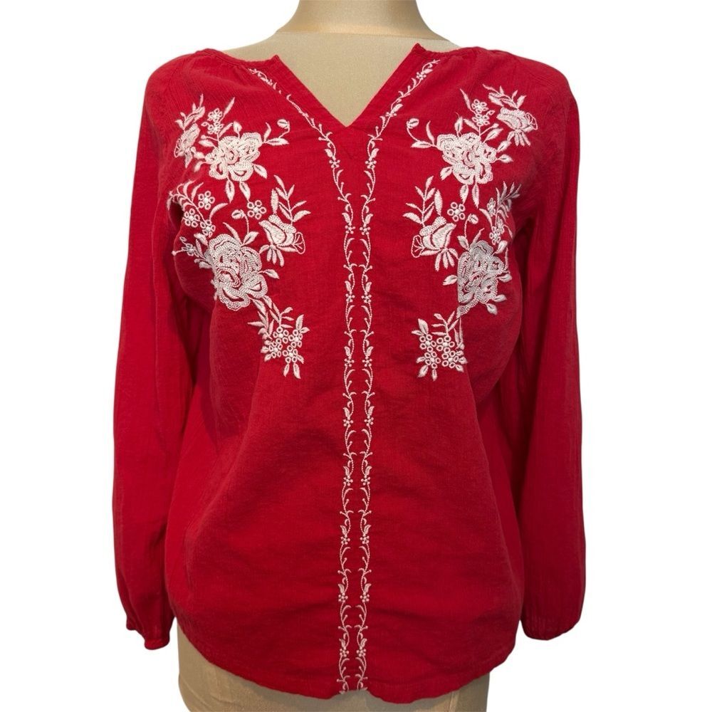 Talbots Red Embroidered Floral Peasant Blouse Size L 100% Cotton Boho